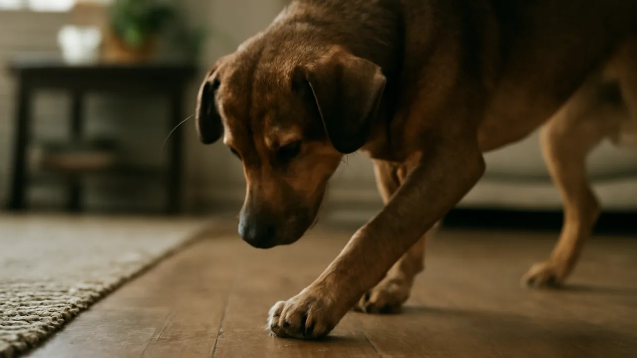 Geç saat gün ışığında, günlük hayatta dağınık bir salon zemininin üzerinde köpeğin ayağını anlık olarak siler gibi yaptığı gerçekçi bir fotoğraf görülür.